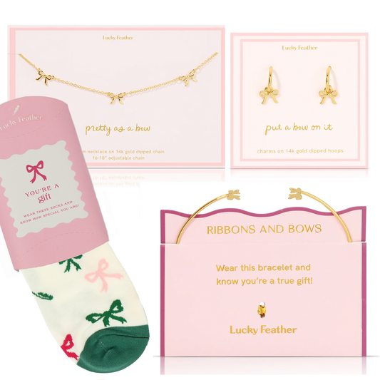 The image shows jewelry and socks from Lucky Feather, all presented as gifts.