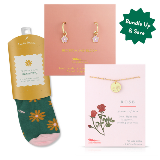 A collection of Lucky Feather branded items, including floral socks, flower earrings, and a rose necklace, alongside a 'Bundle Up & Save' graphic.