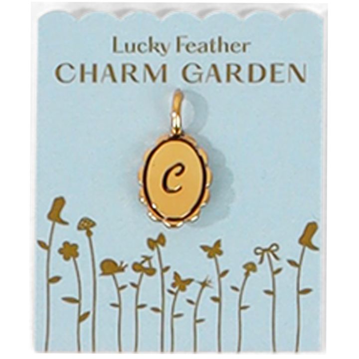 Lucky Feather Charm Garden tag featuring a gold-toned letter 'C' charm and illustrative floral decorations.