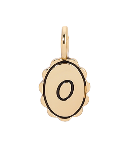 A gold-colored pendant shows the letter 'O' on a scalloped, oval-shaped charm.