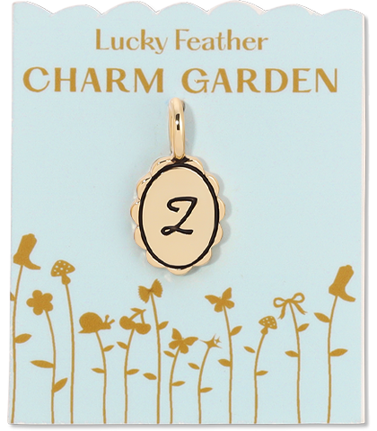 A 'Lucky Feather Charm Garden' tag displays a charm with the letter 'Z' on a light blue background with a garden design.