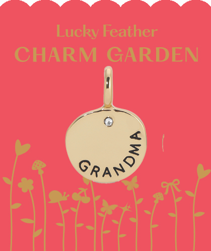 A 'Lucky Feather Charm Garden' gift tag features a gold 'Grandma' charm.
