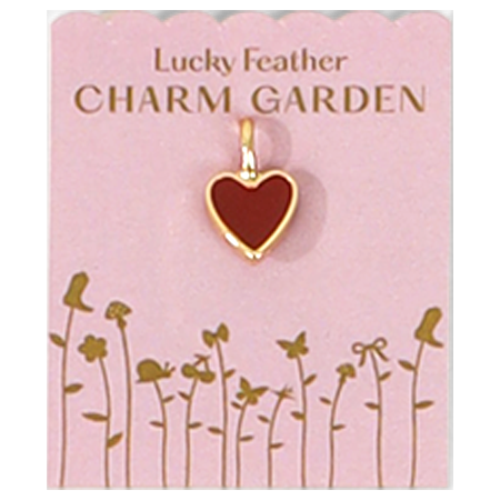A red heart pendant hangs from a pink card labeled 'Lucky Feather Charm Garden.'