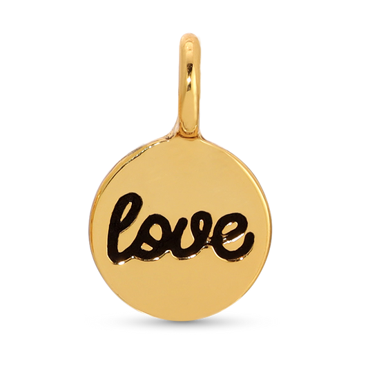 A gold round pendant with the word 'love' written in black cursive.