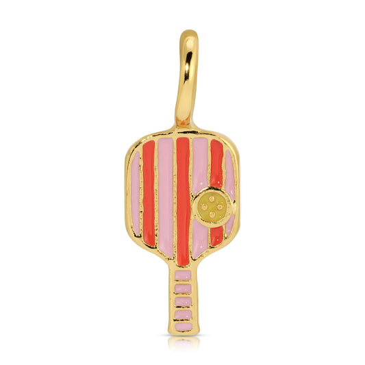 A gold pendant in the shape of a pickleball paddle with pink and coral stripes.