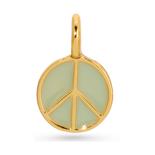A light green peace sign pendant with a gold trim and loop.