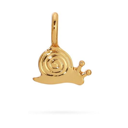 A gold snail charm with a loop on top for jewelry.