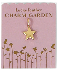 A golden star charm on a pink card labeled 'Lucky Feather Charm Garden'.