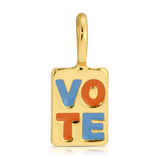 A gold charm with the word 'VOTE' in alternating blue and orange letters.