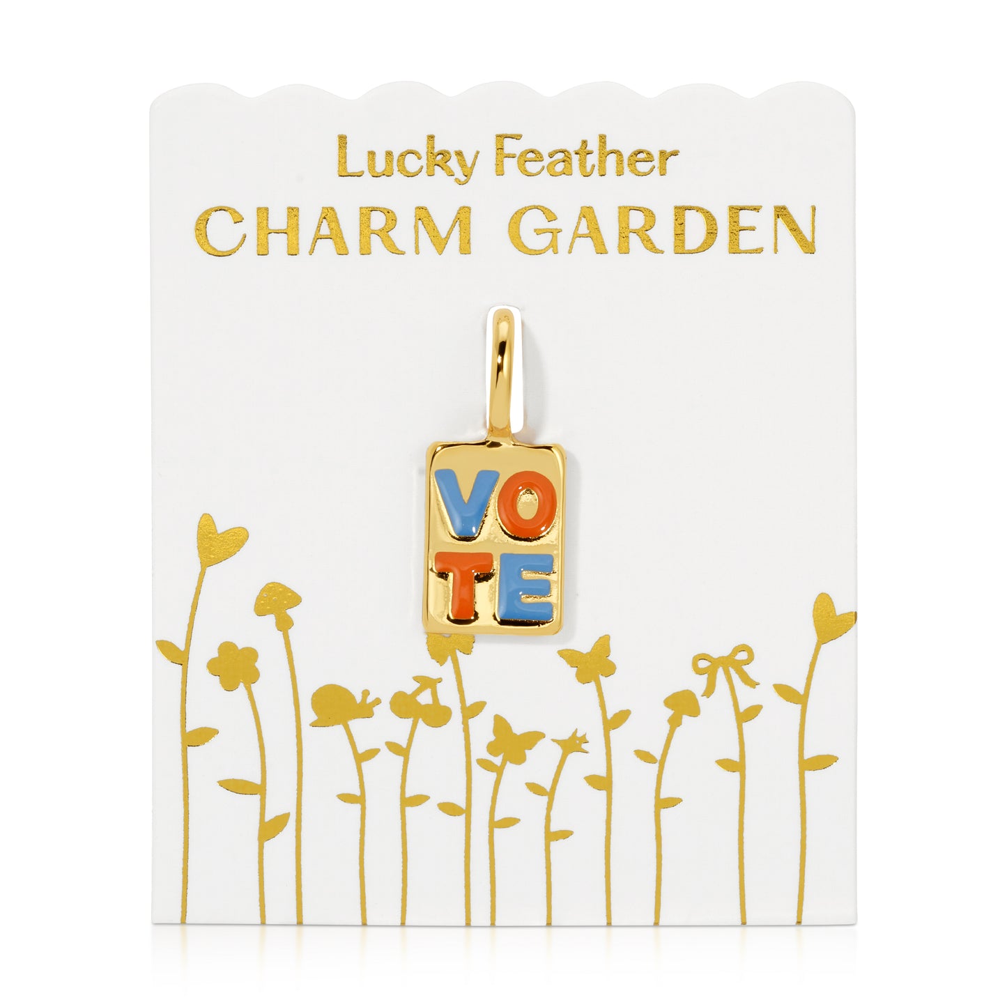 A 'Lucky Feather Charm Garden' jewelry card with a 'VOTE' charm.