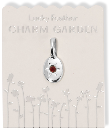 A 'Lucky Feather Charm Garden' card displays a silver pendant with a red stone.