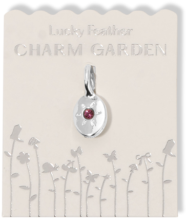 A 'Lucky Feather Charm Garden' card with a silver charm.