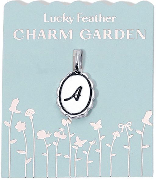 A 'Lucky Feather Charm Garden' card displays a silver charm with the letter A.