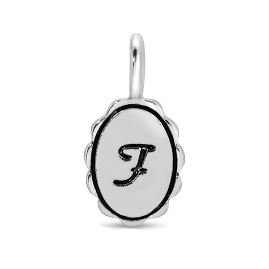 Silver charm pendant with the letter F in black script.
