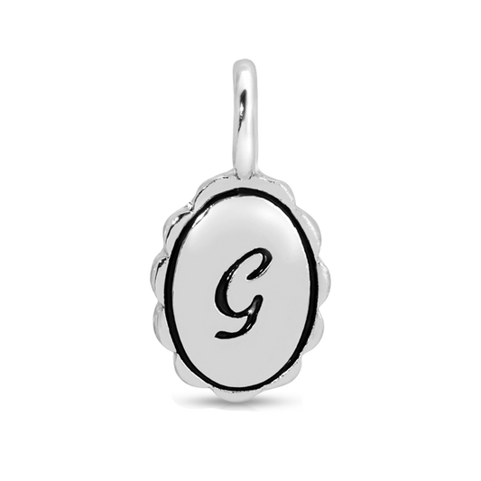 A silver charm pendant features the letter 'G' in black.