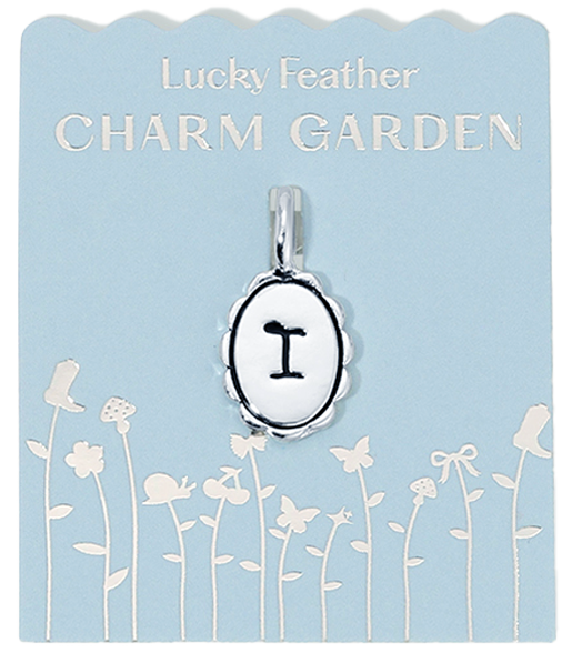 A 'Lucky Feather Charm Garden' card displaying a letter 'I' charm pendant.