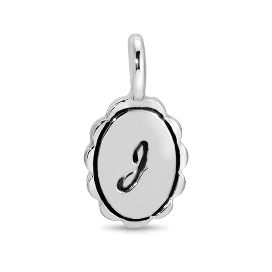 Silver charm with a script letter J.