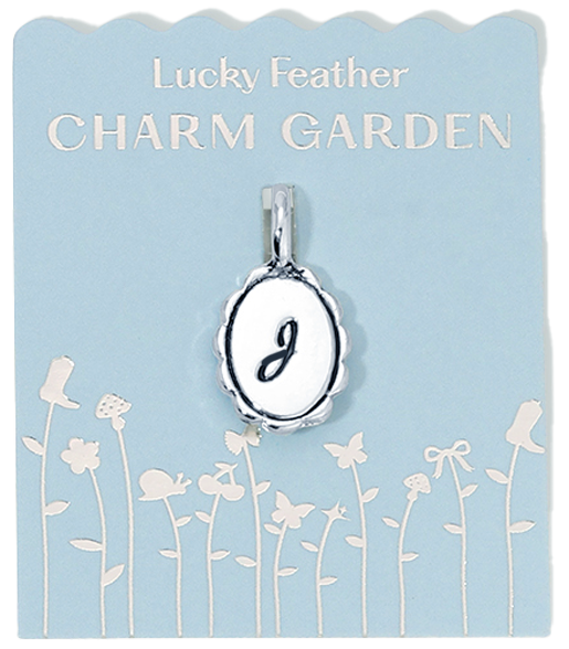 Silver 'J' charm on a 'Lucky Feather Charm Garden' card with floral and butterfly illustrations.