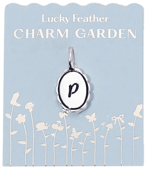 A 'Lucky Feather Charm Garden' card displaying a letter 'p' charm.