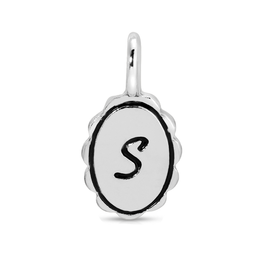 Silver pendant charm with the letter 'S'.