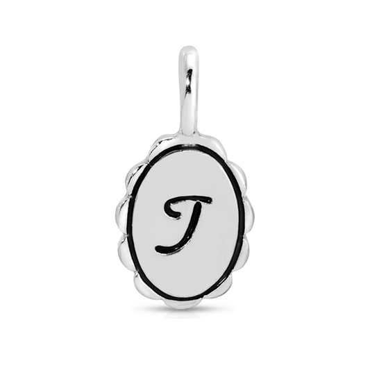 Silver charm with the letter 'T'.