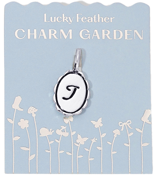 A 'Lucky Feather Charm Garden' charm with the letter 'T' on a blue decorative backing.