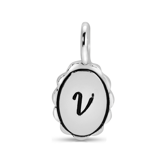 A silver charm pendant with the letter 'v'.