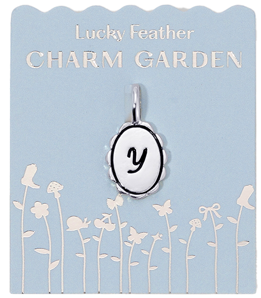 Charm Garden letter Y charm on its display card.
