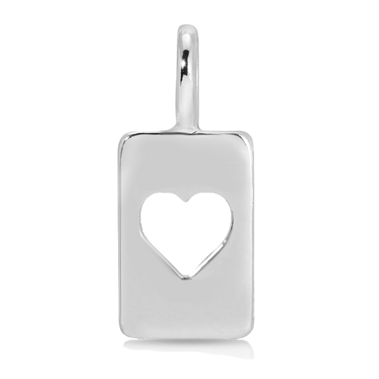 A polished silver tag pendant has a heart-shaped cutout.