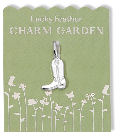 A silver cowboy boot charm is displayed on a 'Lucky Feather Charm Garden' card.