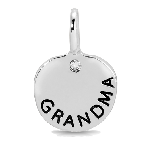 Silver charm with the word 'Grandma' and a small gemstone.