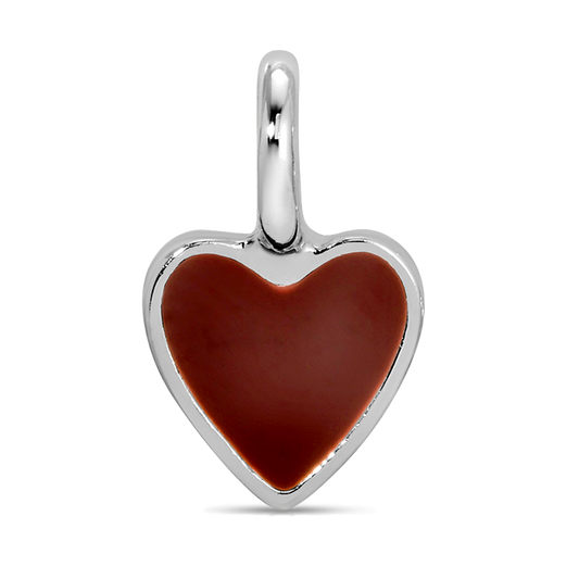 A silver heart-shaped charm with a brown enamel fill is displayed against a black background.