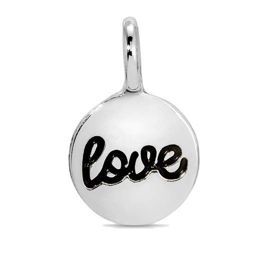 A silver charm features the word 'love' in black lettering.