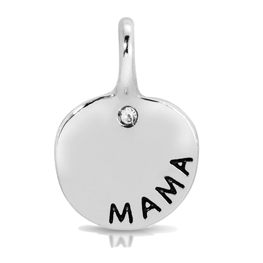 A silver charm pendant with a small diamond and the word 'mama' on it.