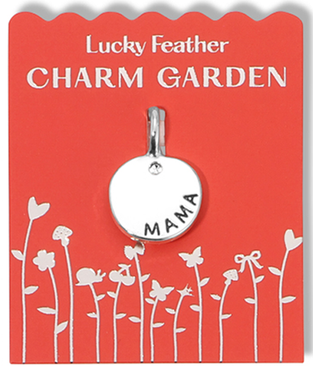 Lucky Feather Charm Garden charm with 'MAMA' on a red card with white floral illustrations.