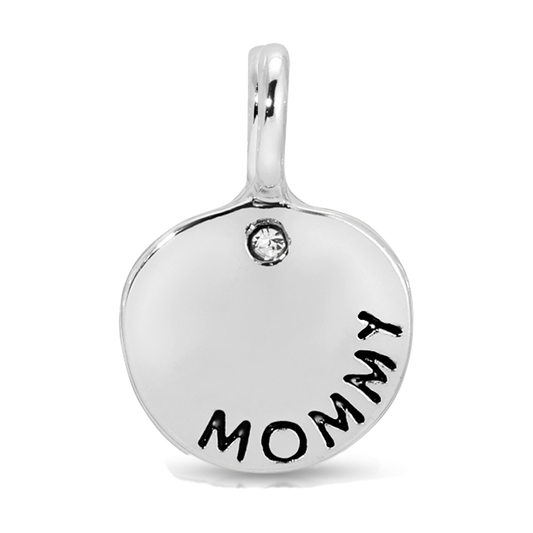 A silver charm with a loop at the top, a small gem, and the word 'MOMMY'.
