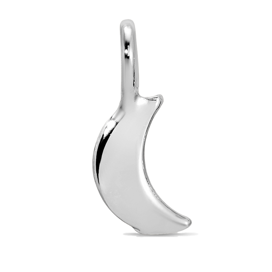 A crescent moon-shaped pendant with a silver finish is shown in profile view.