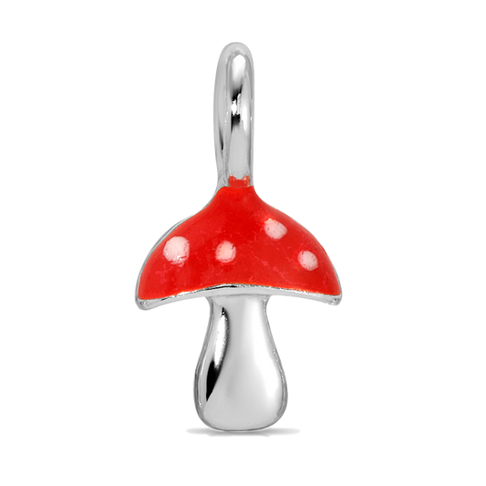 A silver mushroom charm with a red cap and white spots is displayed.