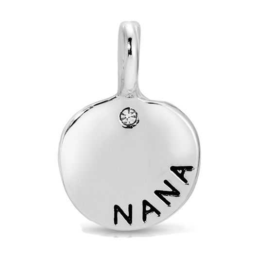 Silver pendant charm with the word 'NANA' inscribed and a single gem.