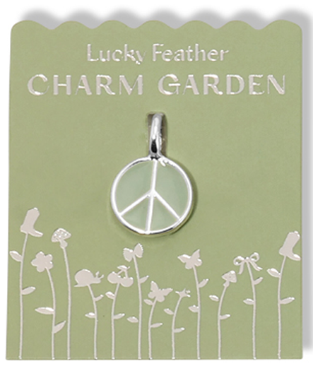 A 'Lucky Feather Charm Garden' package with a peace sign pendant.