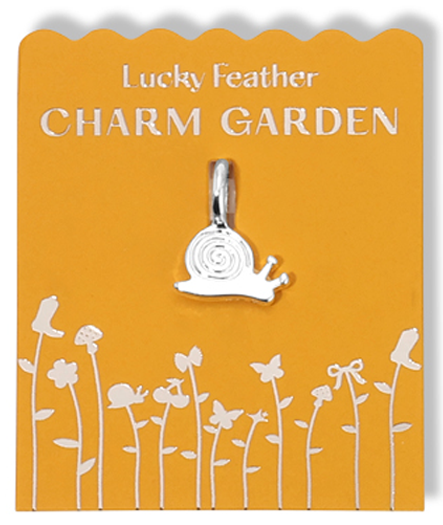 A silver snail charm on a yellow 'Lucky Feather Charm Garden' card with floral graphics.