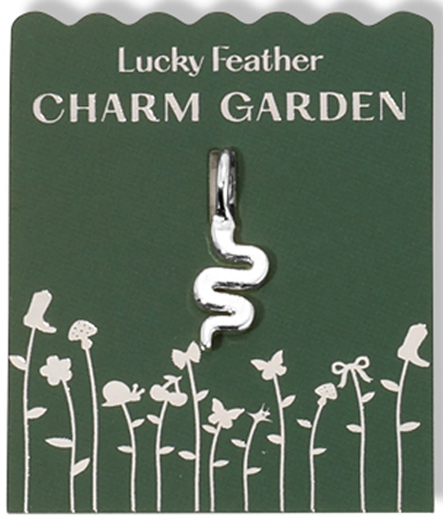 A 'Lucky Feather Charm Garden' card with a silver snake charm.