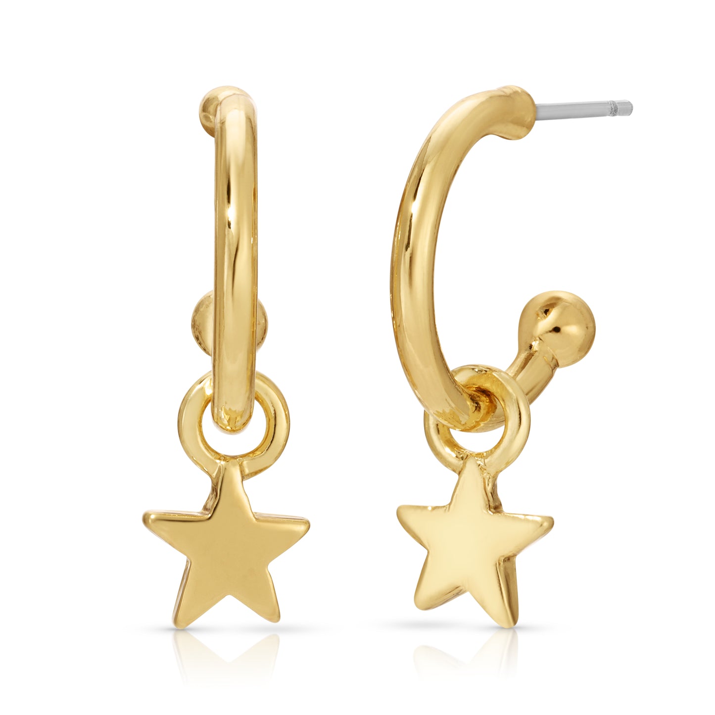 Two gold hoop earrings with star charms are displayed on a white background.