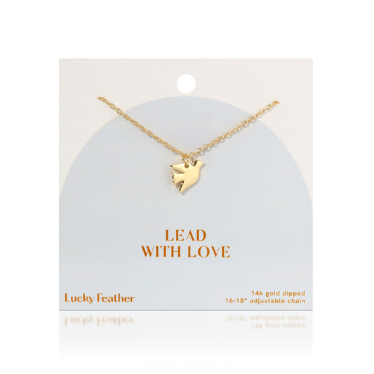 A gold chain necklace with a bird pendant is displayed on a product card.