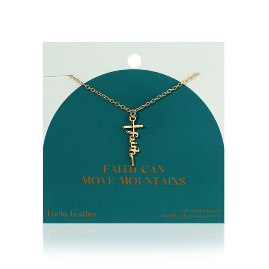 A gold chain necklace with a 'faith' pendant is displayed on a teal card with the text 'Faith can move mountains'.