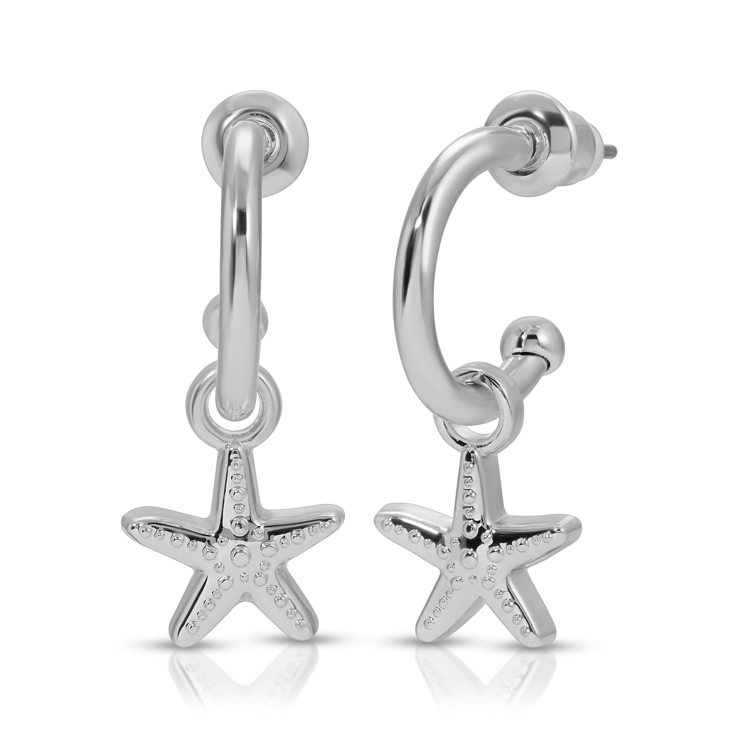 Two silver hoop earrings with dangling starfish charms are displayed on a white background.