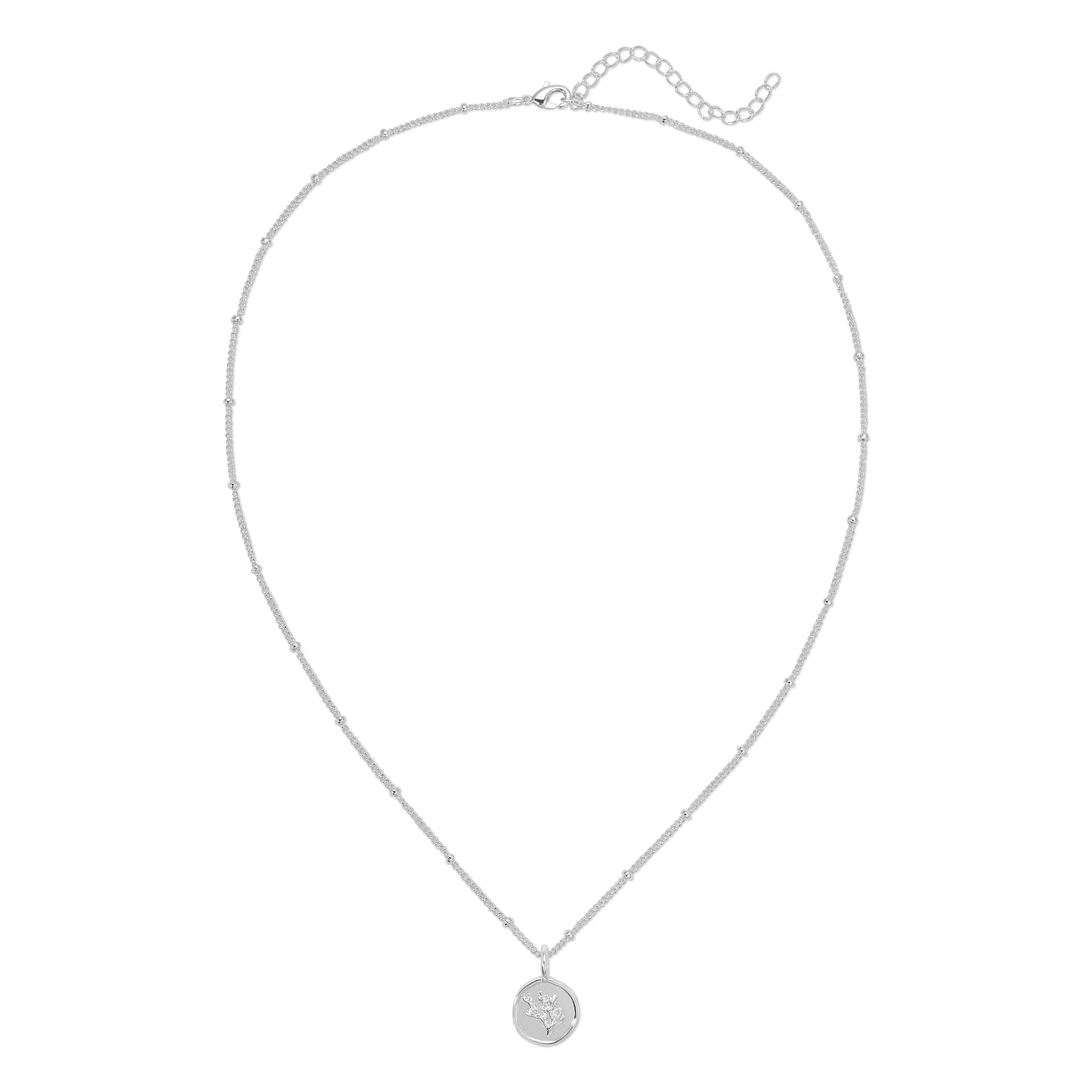 A silver necklace with a circular pendant is displayed on a white background.