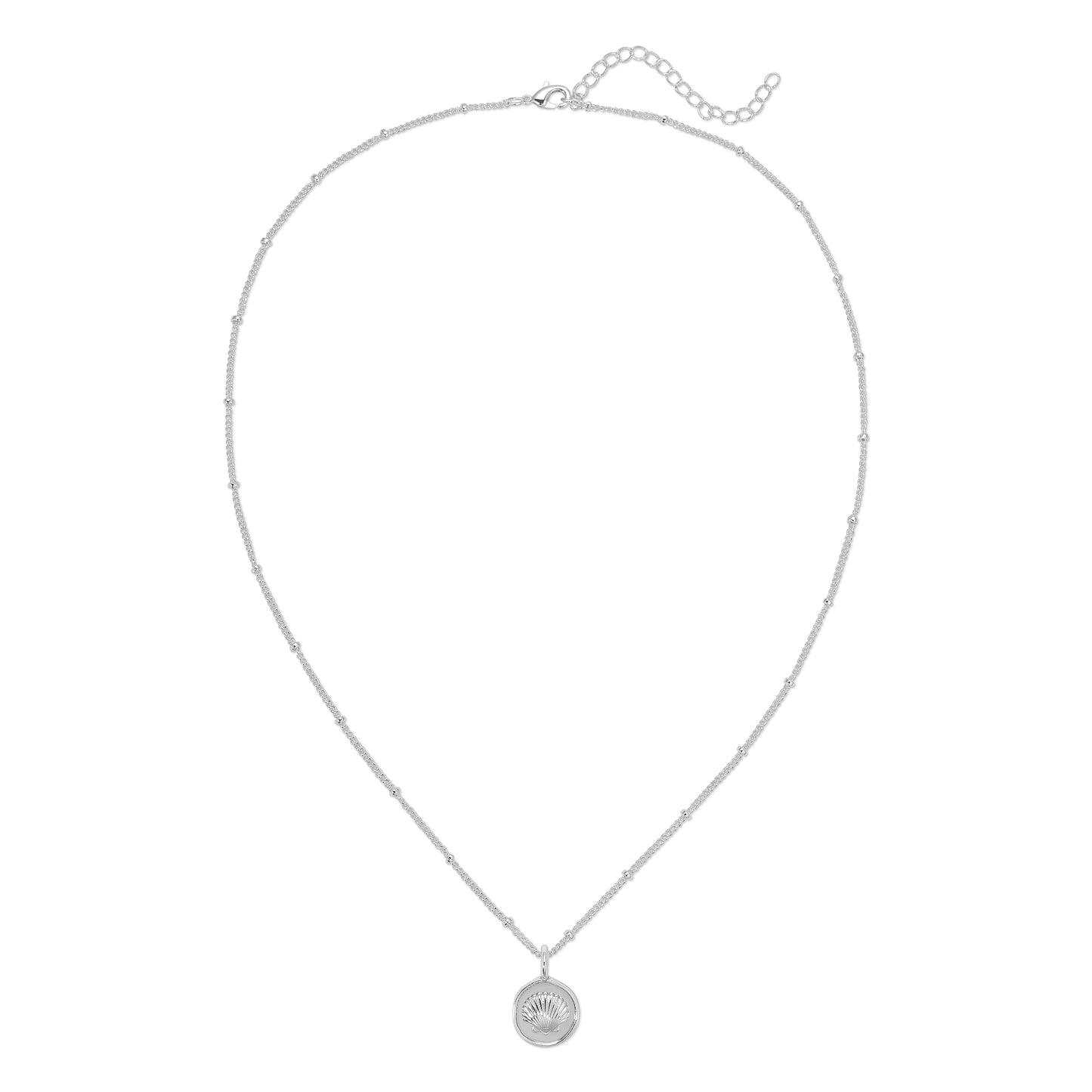 A silver chain necklace with small beads and a circular pendant with a seashell design.