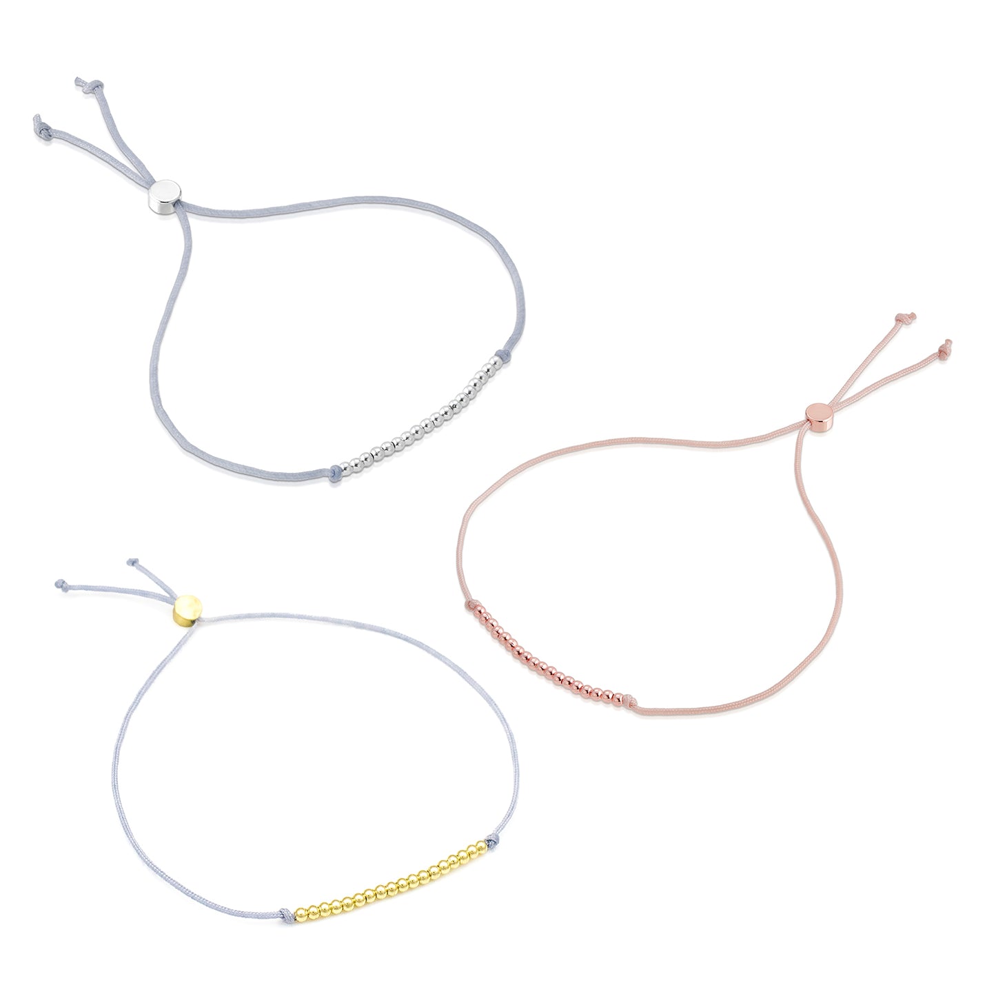 Three adjustable string bracelets with metallic beads are displayed against a white background.