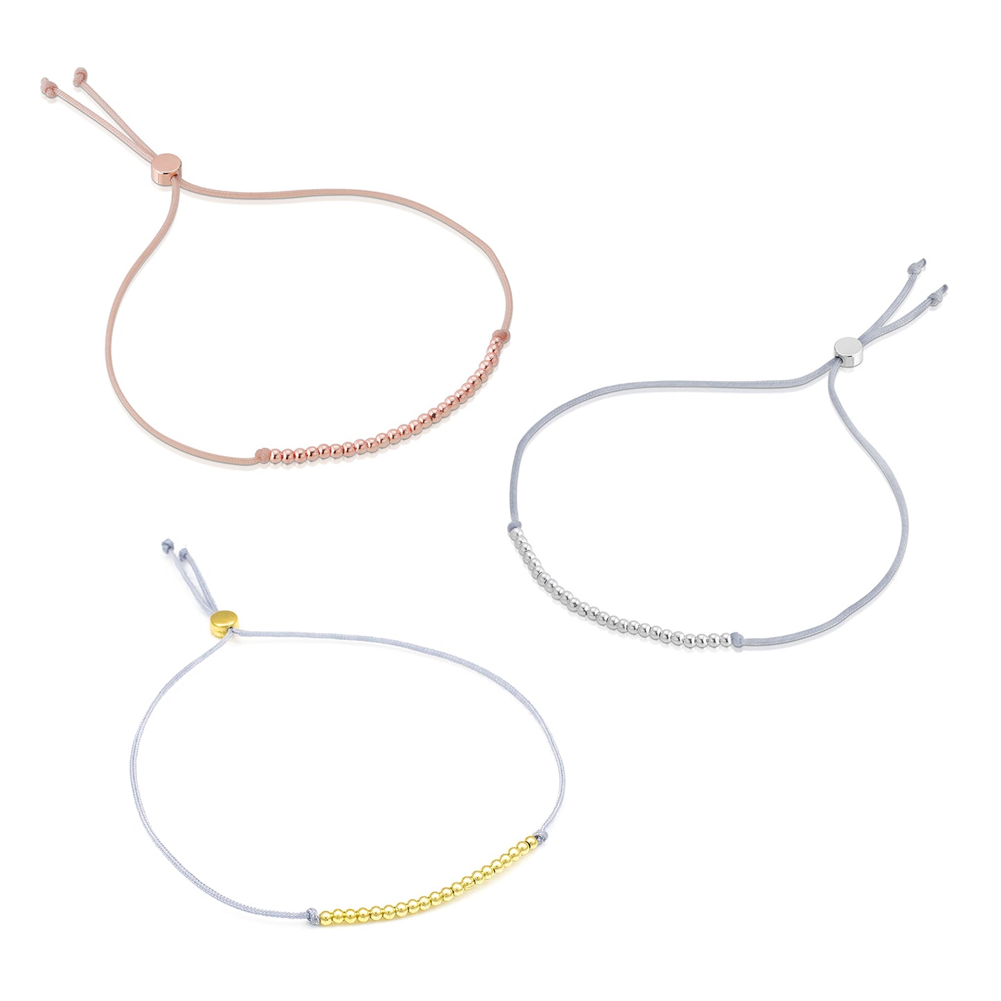Three bead bracelets with adjustable cords.